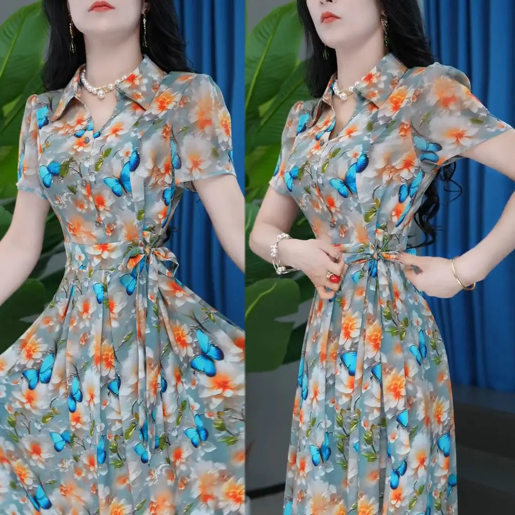 

Vintage Blue Butterfly Flower dress Women's Summer New Fashion Short Sleeve Luxury Vestidos Y2K Lady Slim Printed Casual dresses