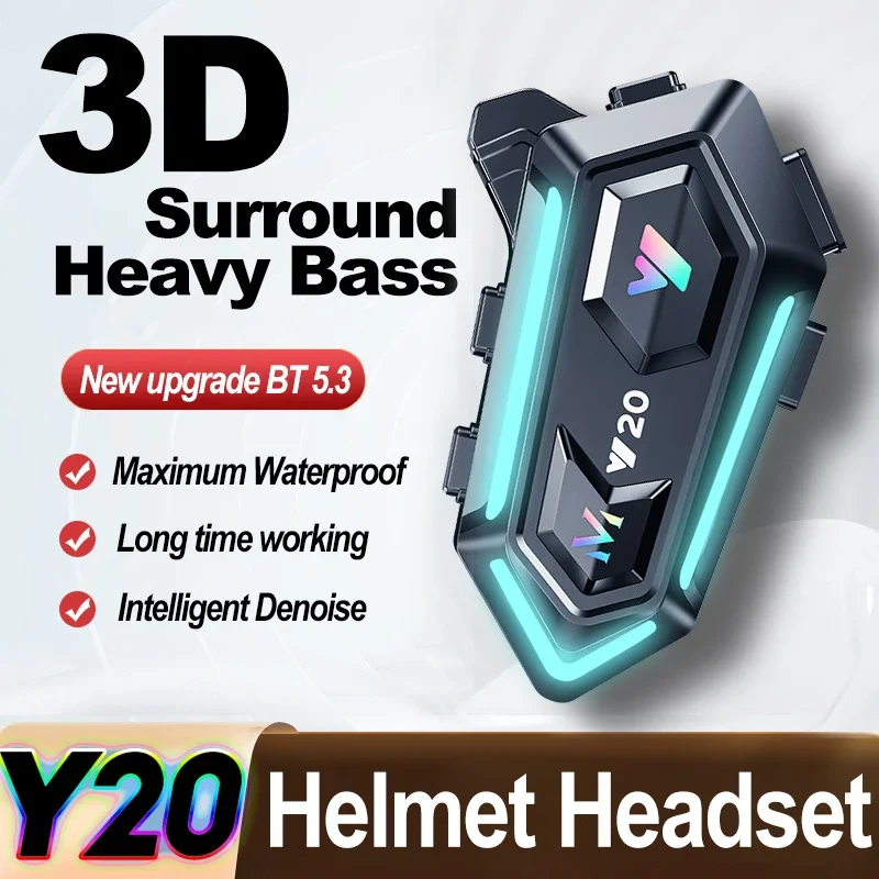 Y20 Motorradhelm Bluetooth-Headset BT5.3 Freisprechfunktion Kabellose Geräuschunterdrückung Wasserdichter Kopfhörer mit RGB-Licht