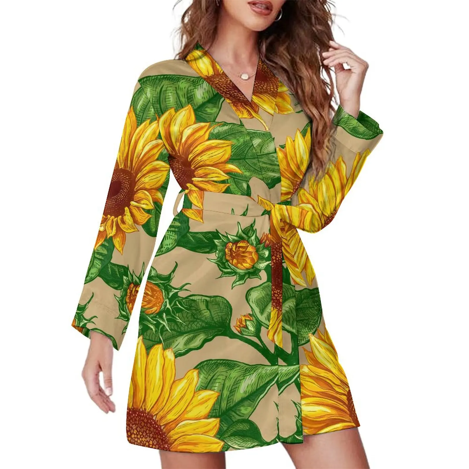 Sunflower Print Pajama Robe Yellow Flowers Long Sleeve Casual Loose Pajamas Robes Woman V Neck Warm Sleepwear Autumn Dresses