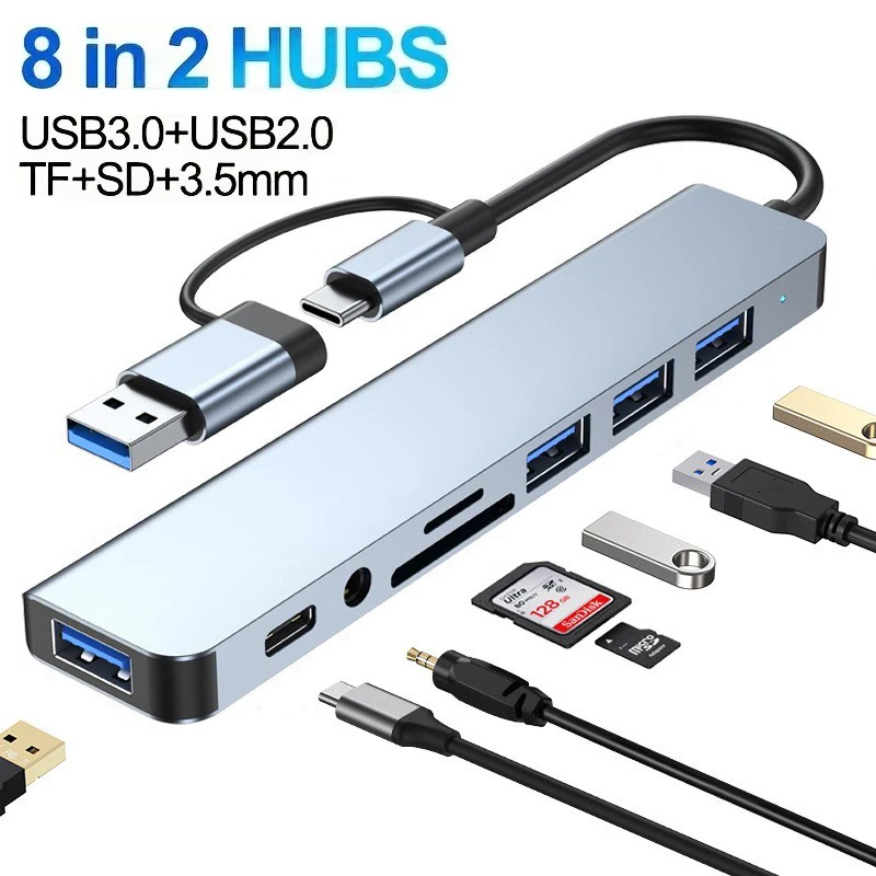 8 In 2 USB Type-C HUB With Splitter Card Reader, USB C Port, USB 3.0/2.0, SD/TF Splitter Card Reader, 3.5mm Port Docking Station