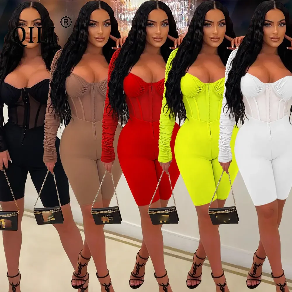 Women\'s Long Sleeve Skinny Jumpsuits, Knee Length Trouser, Thin Waist Wear, White, Black, Red, Neon Green, New Arrivals