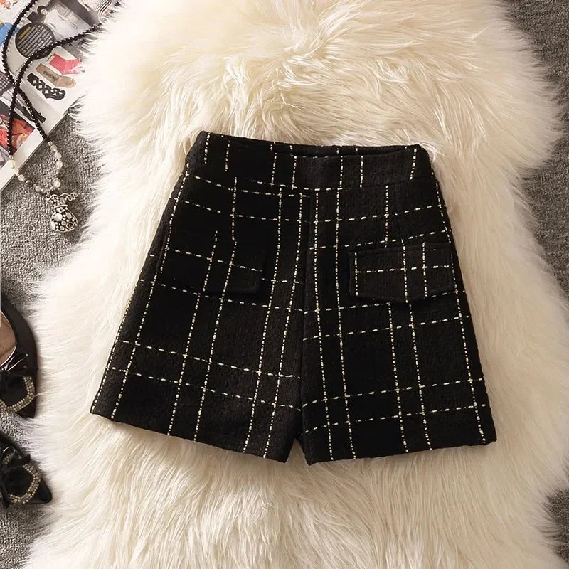 Vintage Fall Shorts Suit Elegant Luxury Plaid Tweed 3 Piece Sets Women Korean Mid-Length Belt Vest Jacket + Pants + Knit Sweater