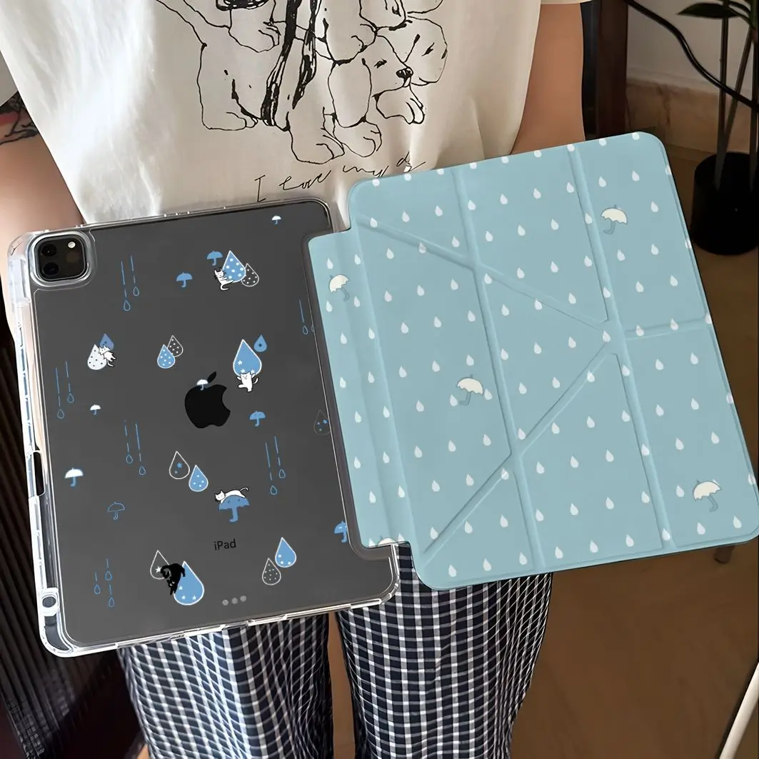 Raindrop Umbrella Cat iPad Case For iPad Pro 11 13in 2025 iPad Pro 12.9in Air7 10th 11th M4/5 MINI 3+y Fold Anti-fall Cover