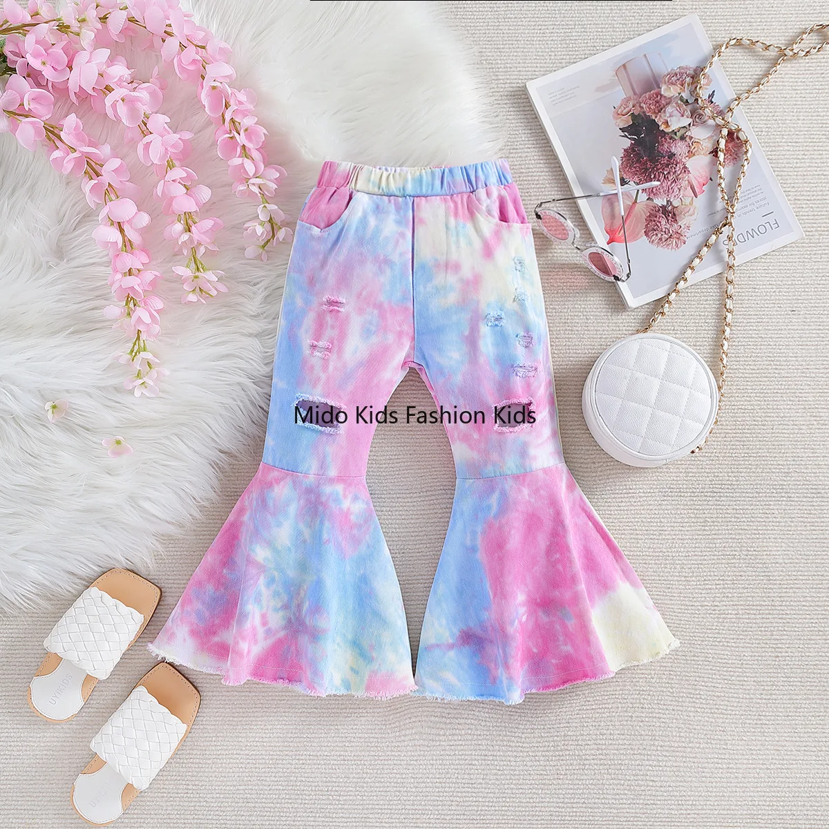 2026 Spring Autumn 1-6Y Girls Tie Dye Flared Pants Fashion Ins Style Kids Denim Trousers for 90-120cm