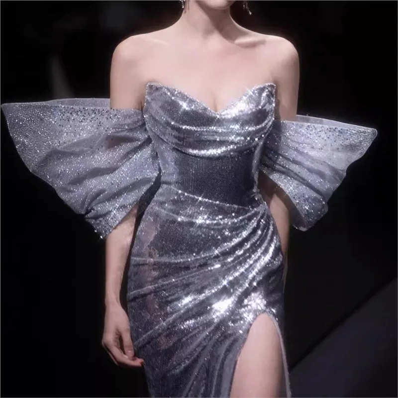 Silver Paillette Toast Clothing Female Tube Top Split Fishtail Special Interest Light Luxury Meeting Host Dress