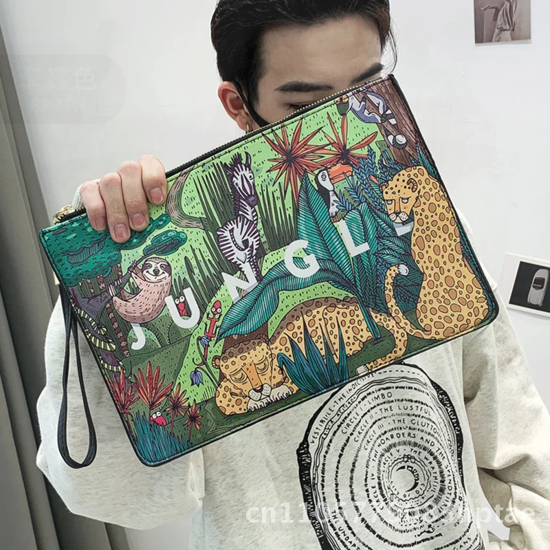Korean Style Large Capacity Printed Clutch Bag Casual Men's Street Fashion PU Leather Lightweight Envelope Document Bag