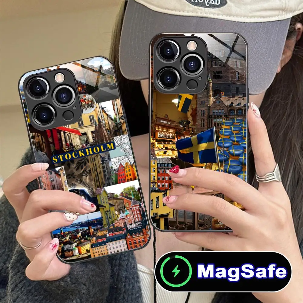 

Чехол для мобильного телефона с флагом Швеции для iPhone 17, 16, 15, 14, 13, 12, 11 Pro Max Plus Mini MagSafe, стеклянный цветной чехол, роскошный