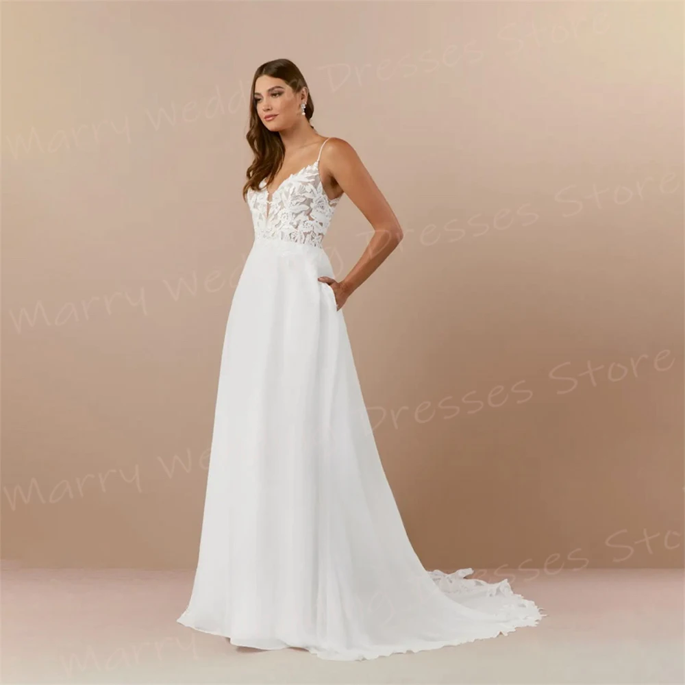 Robes de mariée A-Line pour femmes, appliques de dentelle classiques, robe de mariée populaire, bretelles spaghetti, fibre dos nu