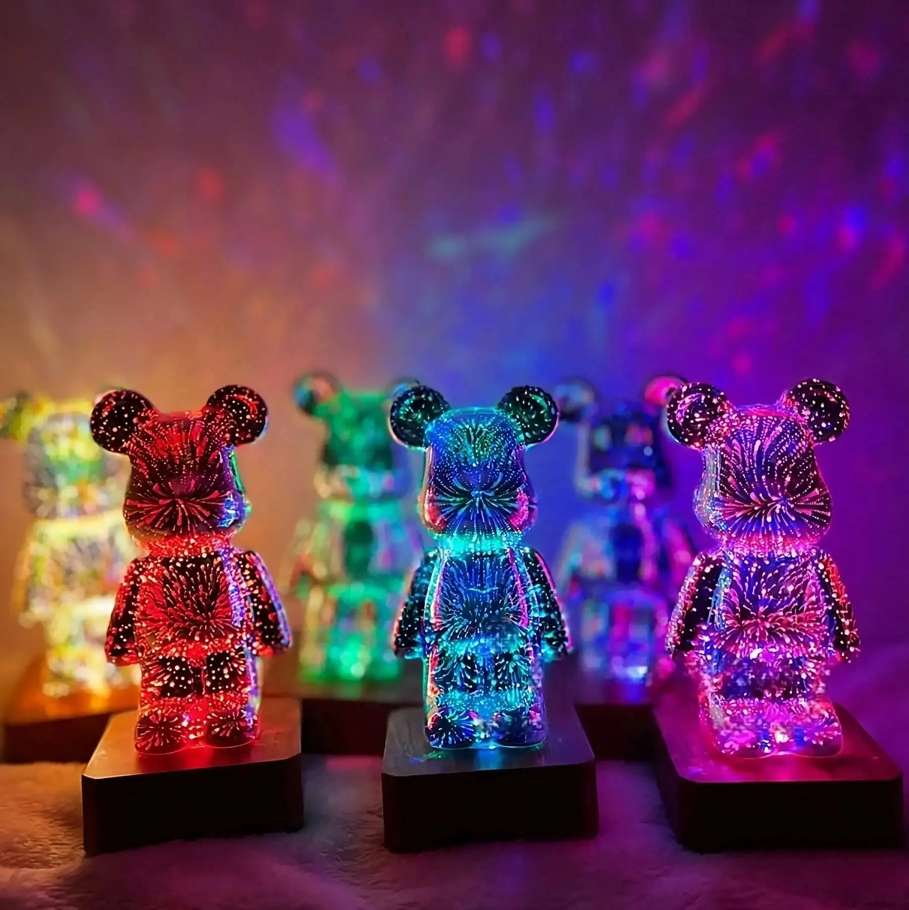 LED 3D Bear Fireworks Night Light USB Room Decoration Ambient Light Suitable for Children Room Bedroom Decoration