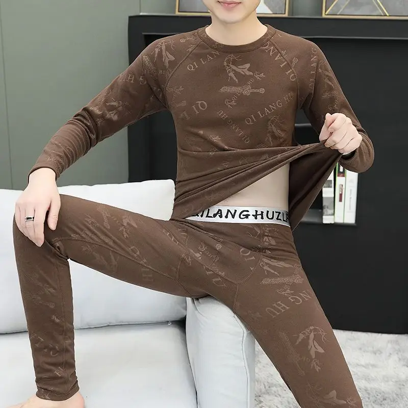 남성용 양면 독일산 벨벳 보온 내의 벨벳과 두꺼운 겨울 방한 멋진 자카드 롱존스 세트