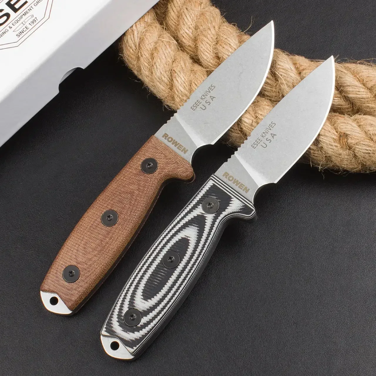 Hunting Fixed Blade Knife ESEE-3 Rowen 9Cr18Mov Stonewashed Blade G10 / Wood Handle Outdoor Tactical Knife with Sheath