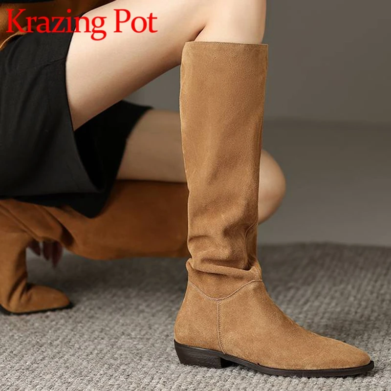 Krazing Pot Cow Suede Pointed Toe Med Heels Riding Long Boots Sewing Thread Western Simple Style Modern Slip on Thigh High Boots