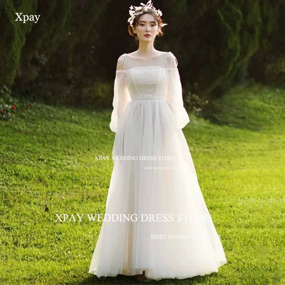 

XPAY Modern Off Shoulder Korea A Line Wedding Dresses Long Puff Sleeve Bridal Gown Photos Shoot Spaghetti Straps Bride Dress