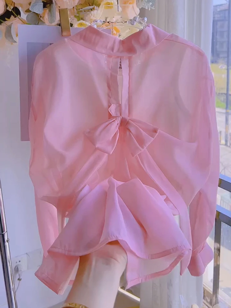 

Summer 2026 Women's Soft Sweet Ba Knot Pearl Sunscreen Chiffon irt Thin Micro Translucent Korean Sle Loose Fit