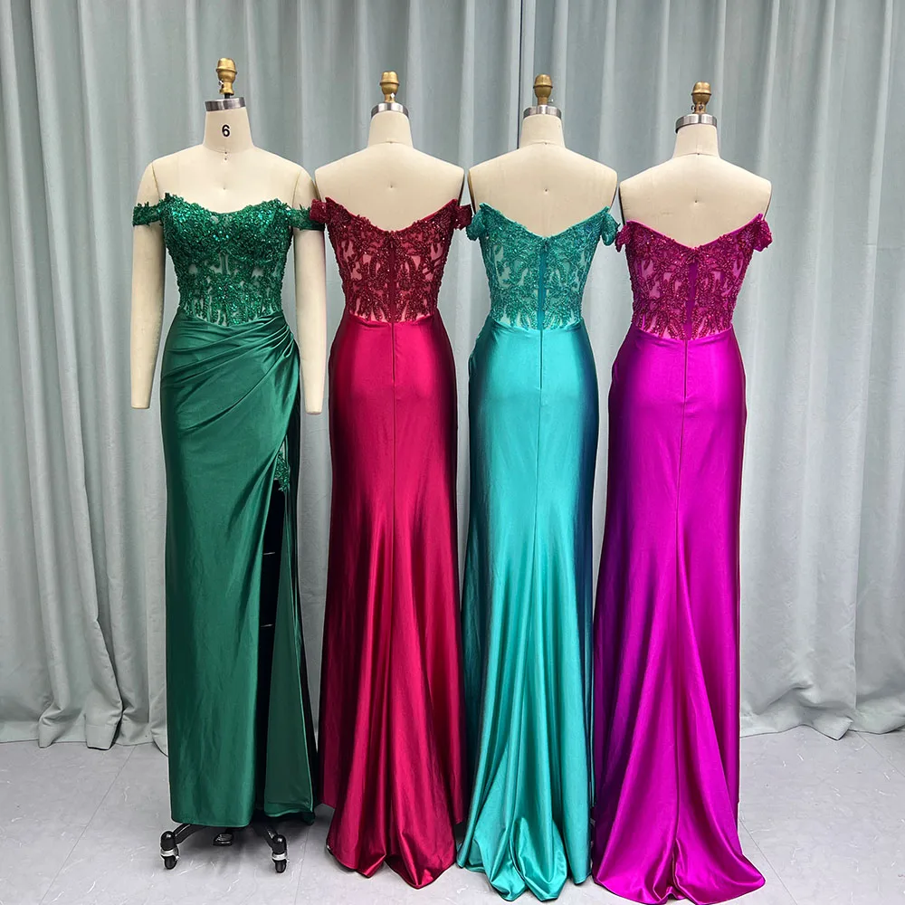 YQLNNE Sexy Off the Shoulder Slit Prom Dresses Long Mermaid Satin Beading Formal Evening Party Gown