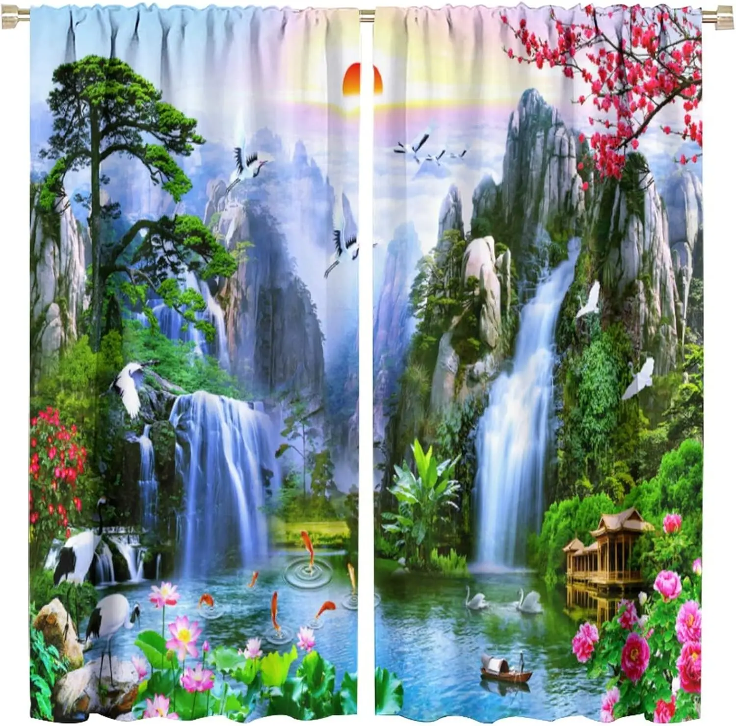 Waterfall Deocr Curtain, Surrounded Waterfall Rocky Lotus Fish Swan Landscapes Home Decor Windows Rod Pocket Curtain for Living