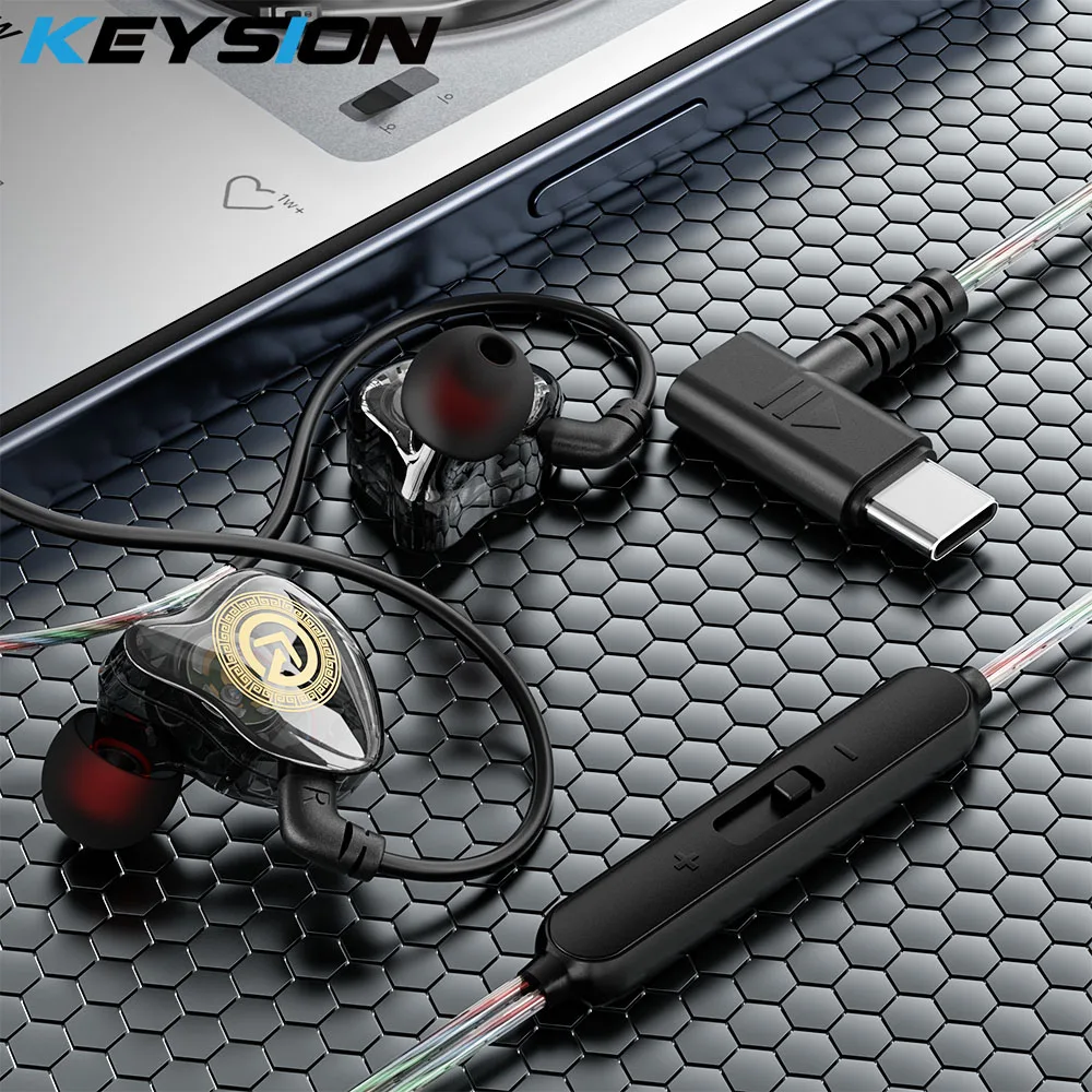 KEYSION Digital Audio USB Type C In Ear Headphone Dynamic HiFi Wired Earphone L Bending DAC Chip Ear Hook Gaming Sports Headset