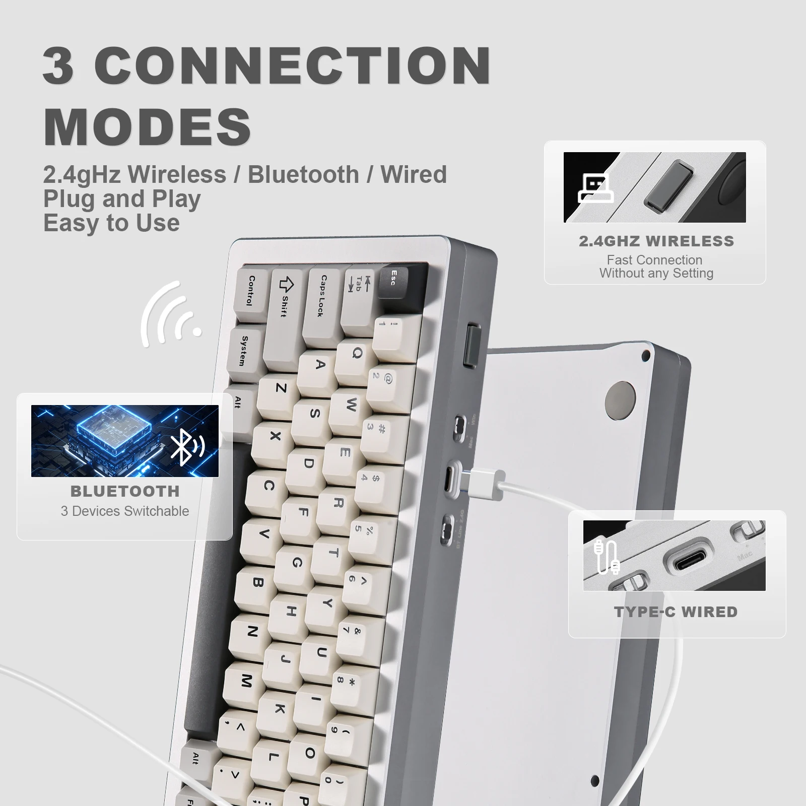 YUNZII AL71 White 68% 71 Key Full CNC Aluminum Hot Swappable Gasket 2.4GHz Wireless BT5.0/USB-C Wired Mechanical Gaming Keyboard