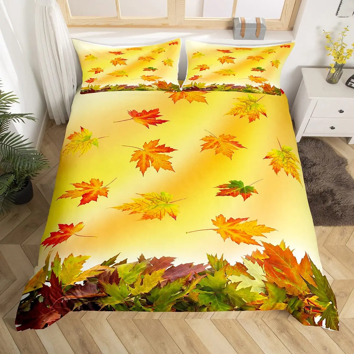 

Maple Leaf Duvet Cover King Canada National Flower Bedding Set Autumn Plant Fallen Leaves Comforter Cover Botanical Weed Bed Set