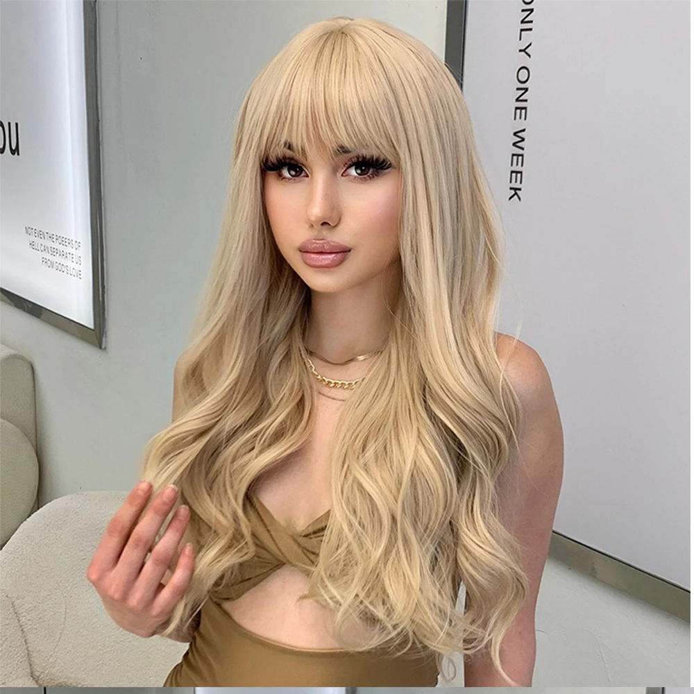 Loira ondulada perucas sintéticas com franja natural cabelo longo para mulheres festa diária lolita cosplay peruca sem cola resistente ao calor