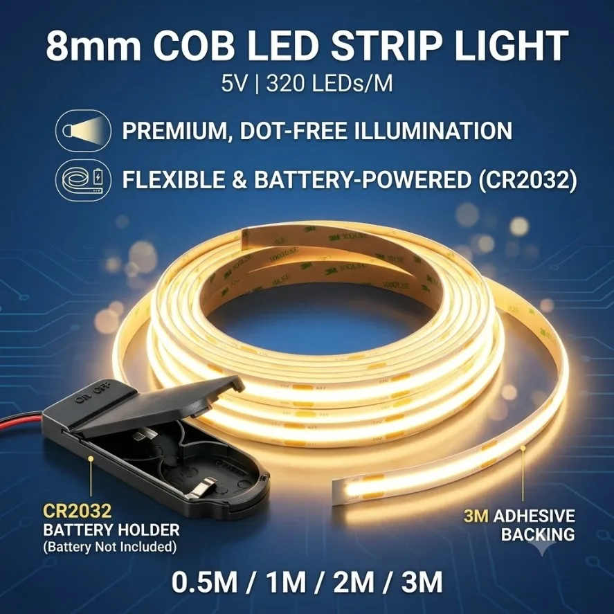 0.5-3m 320LEDs/m COB LED Light Strip Suit Button Battery Box 8mm PCB CR2032  Flexible Tape Home Decoration DIY Lighting Design