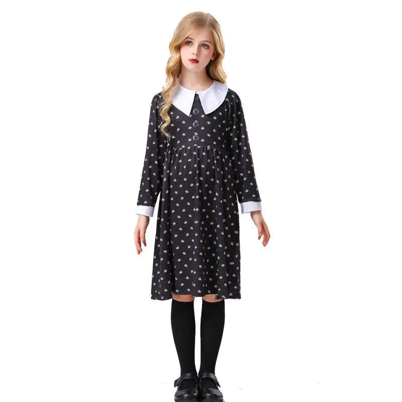 

Black Print Dress Wednesday Adams Halloween Costume Performance Outfit Women's Ethnic Wear Stage Costume Summer New Arrival