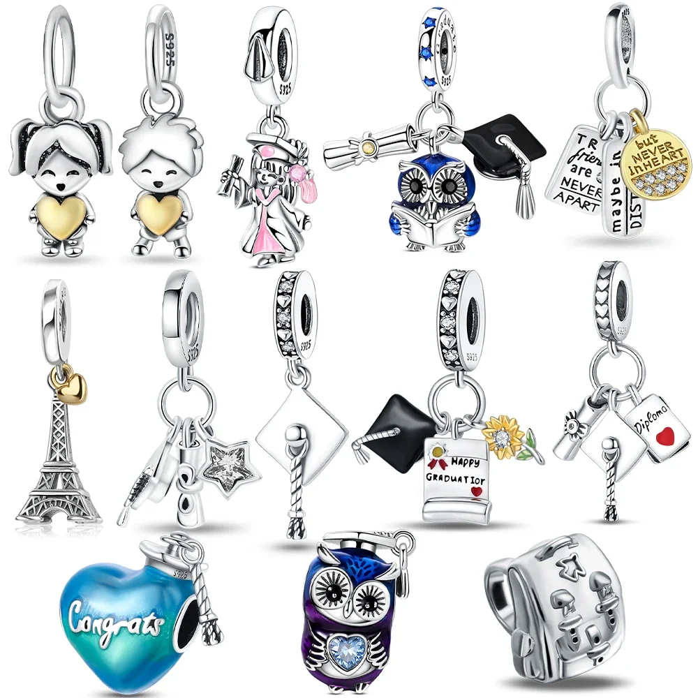 925 Sterling Silver Graduation Girl Charms Beads Fit Original Bracelets Bag Keychain Charms Beads Pendant Diy Women Jewelry Gift
