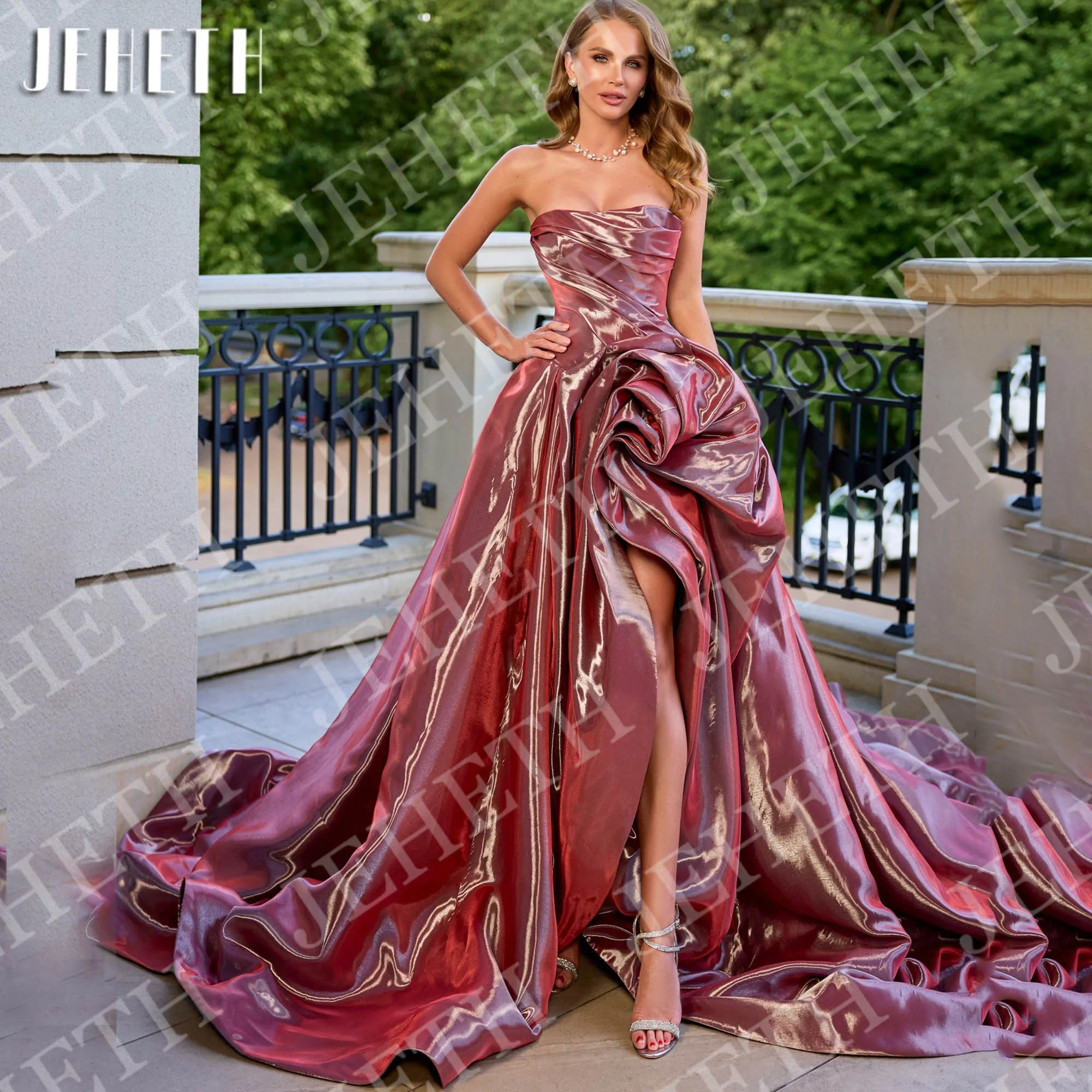 JEHETH Prom Dresses Strapless Arabic Woman Burgundy Satin High Slit Formal Evening Dress Sleeveless Customized فستان سهرة نسائي