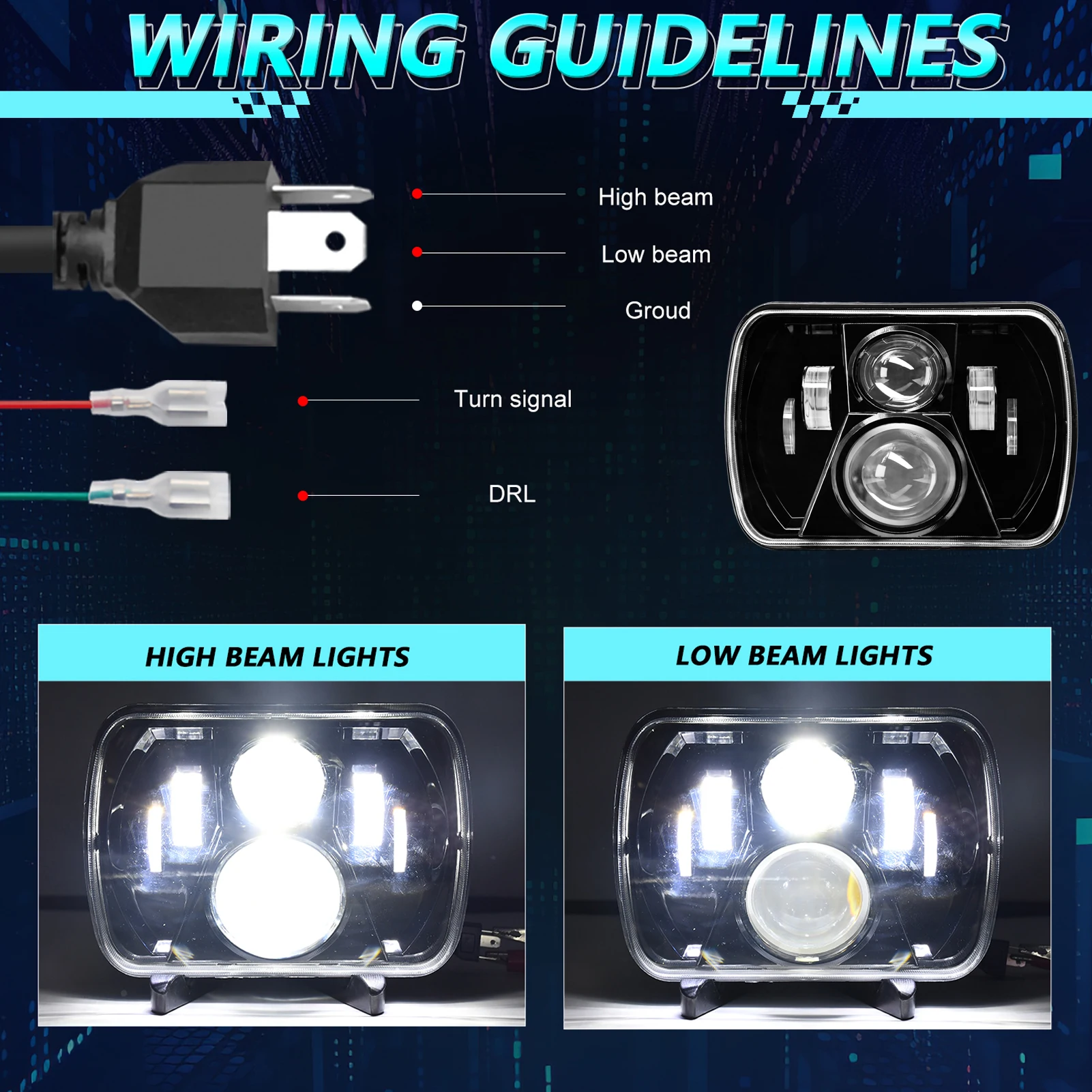Faróis LED de 7x6 polegadas, faróis LED 5x7 para caminhões, farol LED retangular de feixe alto e baixo, cabeça retangular de LED branco brilhante IP67