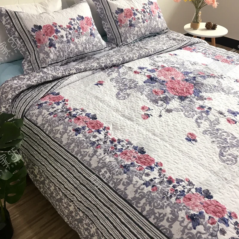 1PC/3PCS Printed Bedspread Queen Size Floral Cotton Quilt Bedding Set, Lightweight Summer Quilted Blanket for Bed Comforter