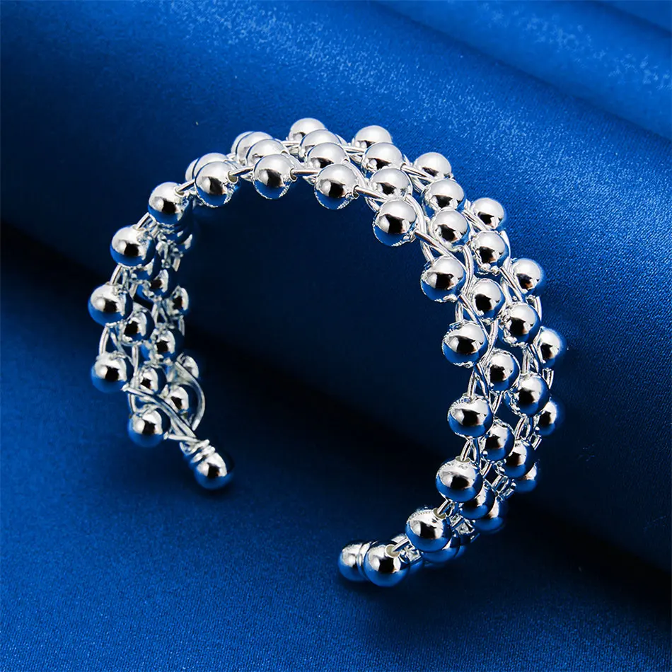 Luxury 925 sterling silver multi-layer woven round bead open mouth bracelet for women's fashion parties, wedding jewelry