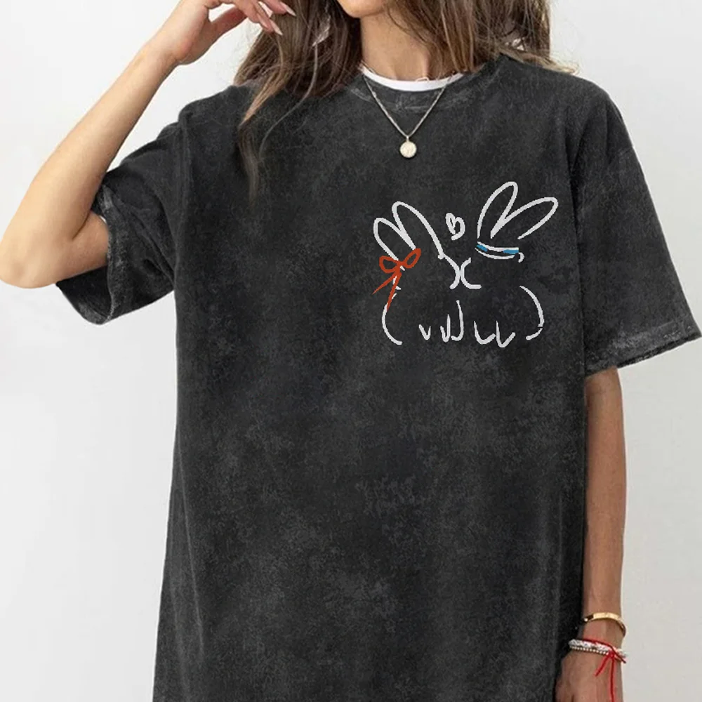 

Stick Pen Cartoon Bunny Print Women's T-Shirt Casual Cute Fashion Short Sleeve Loose Oversized Unisex Wash Top 2024
