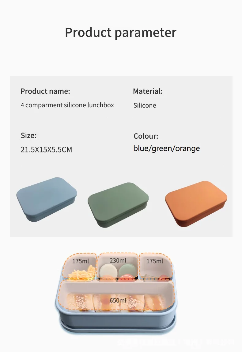 Contenitore per il pranzo pieghevole pieghevole pieghevole da viaggio in Silicone personalizzato 4 contenitori per il pranzo per bambini Bento Lunch Box per bambini