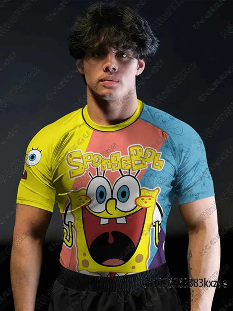 Camisetas de Fitness para Hombre, Verano 2026, Camisetas con Dibujos Animados de Bob Esponja, Camisetas Musculosas, Camisetas Transpirables de Jiu Jitsu, Ropa para Hombre