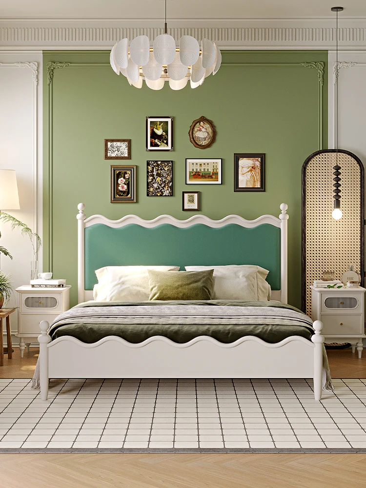 LTT French retro matte fabric soft bag white solid wood bed bedroom American double bed