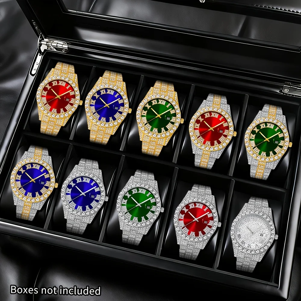 10‑piece unisex luxury quartz wristwatches with Roman numeral display, date week display, green dials with gold‑colored markings