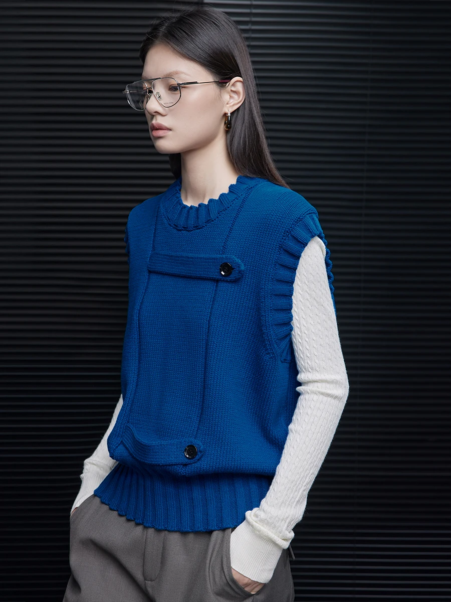 

Синий свободный вязаный жилет для женщин, осенняя новинка, уличный стиль, прямой крой, уникальная удобная верхняя одежда от Moment