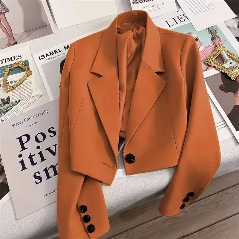 Xpqbb New Cropped Blazers Jacket Women 2024 Fashion All-match Single Button Suit Coat Ladies Korean Notched Collar Crop Jacket