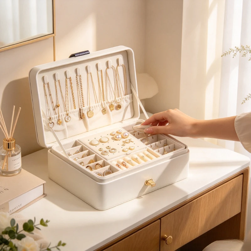 Jewelry Box Large Capacity Double Layer Lockable White Organizer Soft Lining for Earrings Rings Necklaces Home Gift Storage