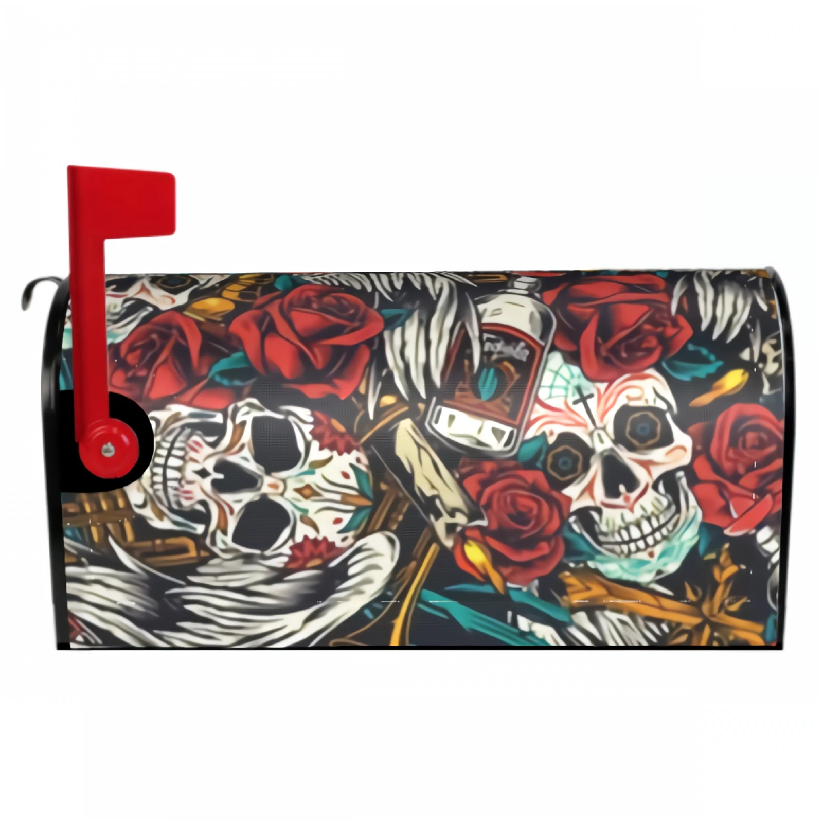 Sugar Skulls Rose Magnetic Mailbox Cover Tequila Bottles Cactuses Waterproof Mailbox Wraps Post Letter Box Decor 21x18 Inch