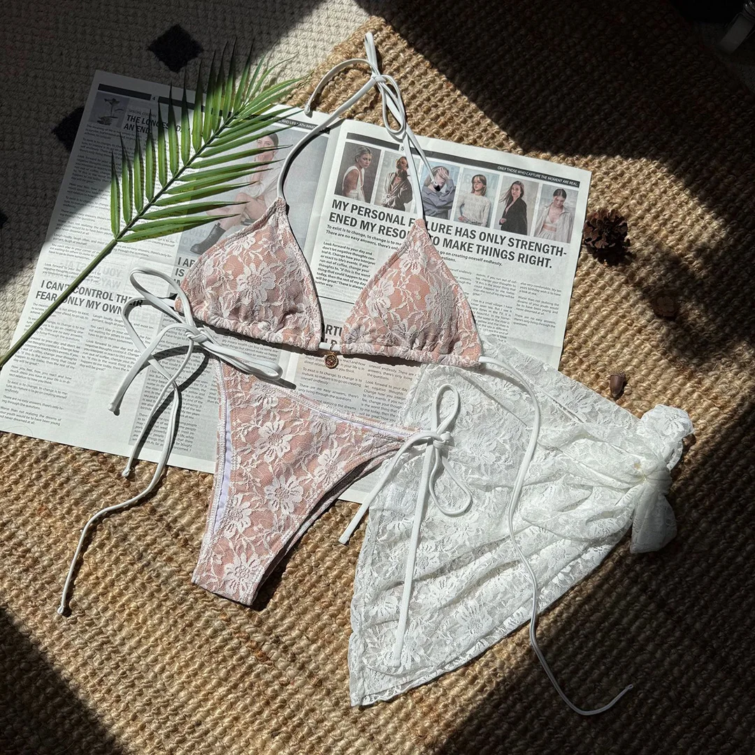 Netz-Sarong-Spitzen-Bikini mit Neckholder und hohem Beinausschnitt, Damen-Badeanzug, dreiteiliges Bikini-Set, Badebekleidung, Badeanzug, Schwimmanzug V6284H – Detail 19