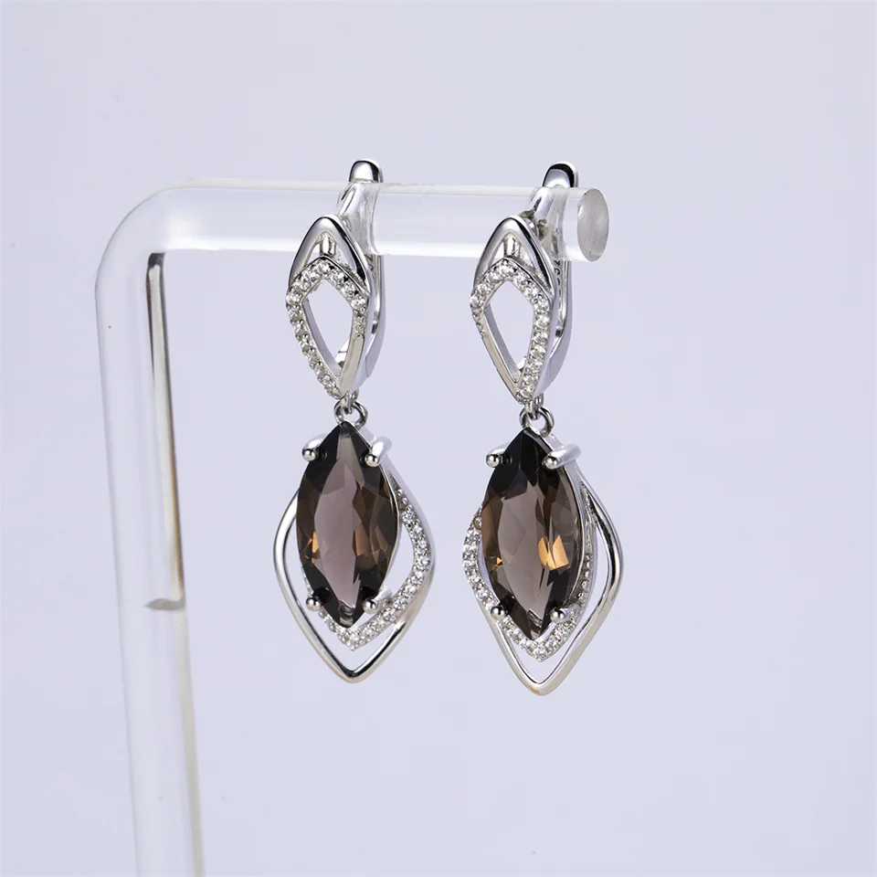 Solid 925 Sterling Silver Natural Smoky Quartz Jewelry Sets 14*7mm Dangle Earrings Fine Fashion Ring for Woman Gift Good Quality