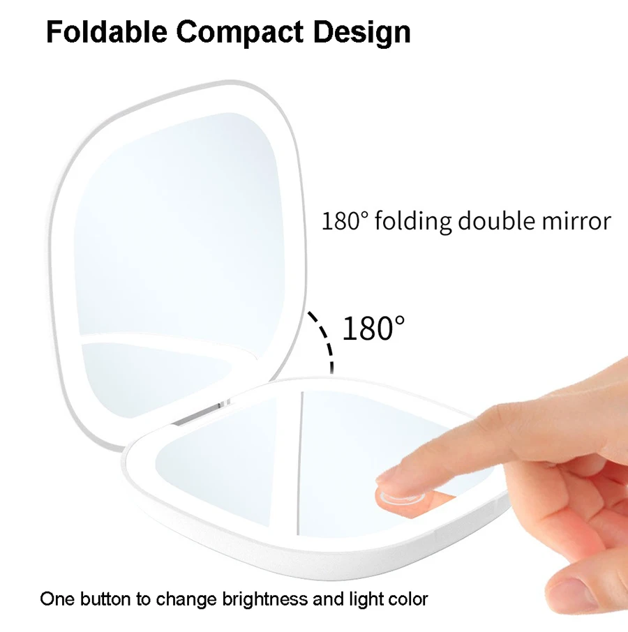 Specchio per trucco tascabile portatile con luci LED a 3 colori Specchio da viaggio con ingrandimento 5X per il trucco del corpo pieghevole compatto e carino