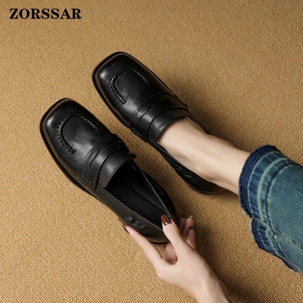 2026 New Spring Autumn Women's Shoes Genuine Leather Square Toe Flat Leather Mid Mouth Casual Loafers Shoe Comfort Soft Fashion