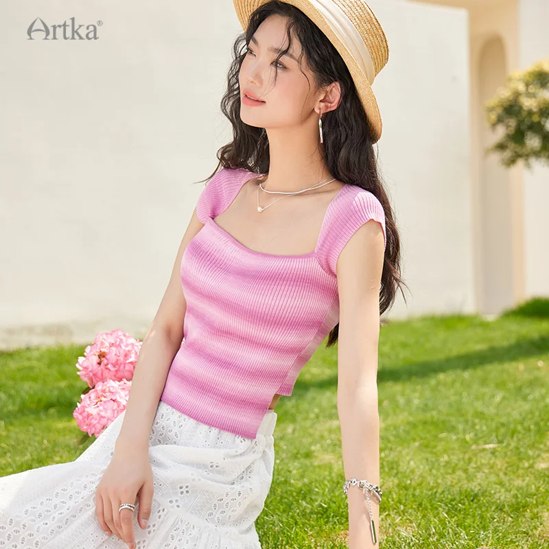 ARTKA 2023 Summer New Women T-shirt Elegant Square Collar Short Sleeve T-shirts Striped Knitted Slim Short T-shirt ZB92135X