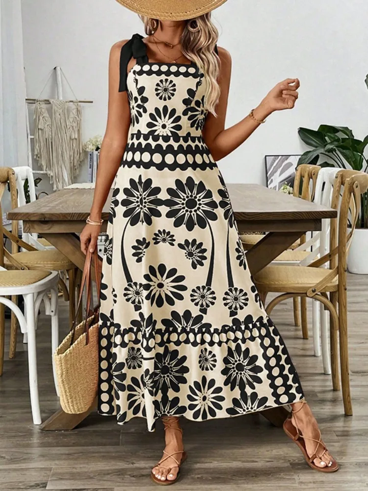 Onecozyday feminino impresso amarrado espaguete-pescoço boho maxi vestido 2025 verão moda férias vestidos de cintura alta vestido plissado
