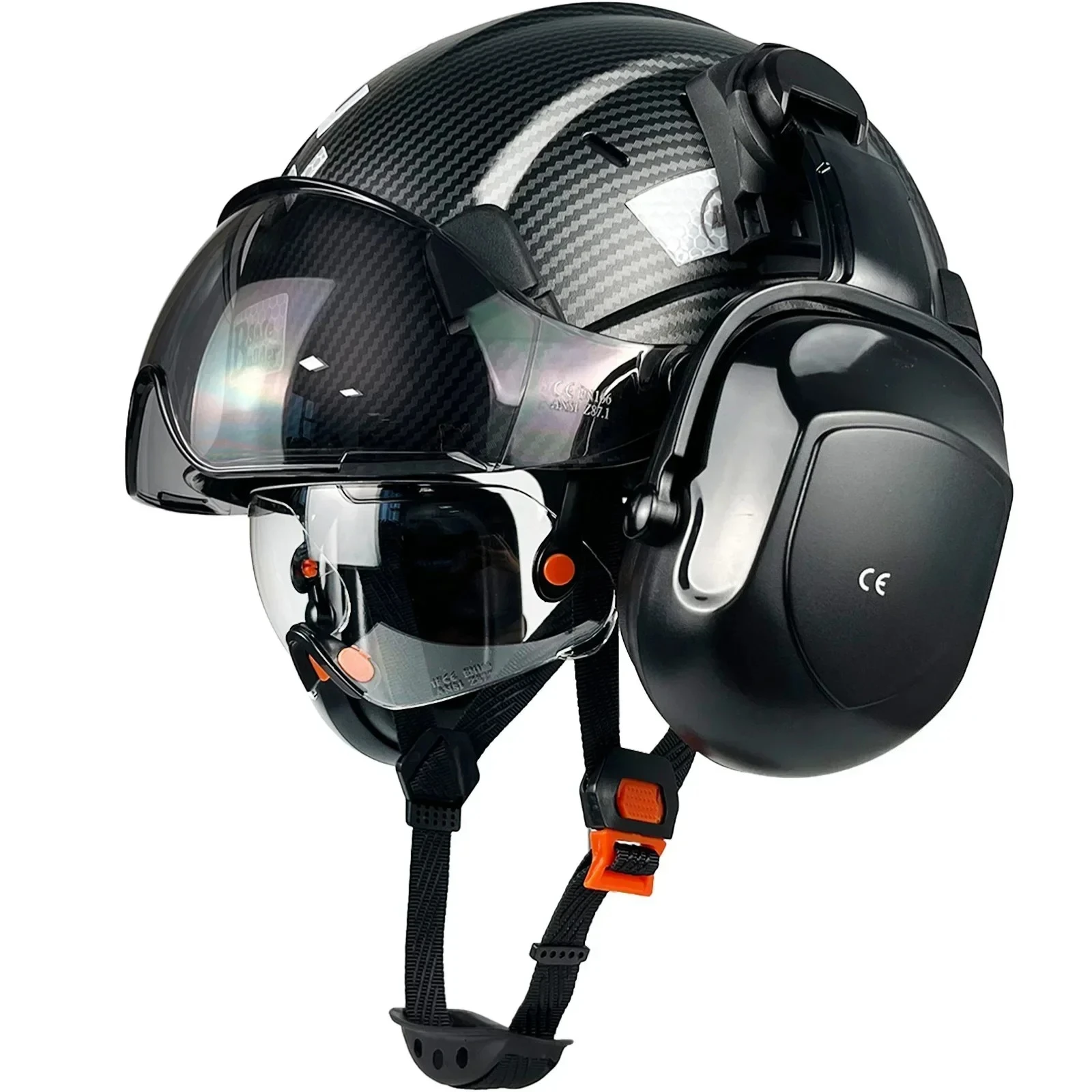 

Carbon Fiber Pattern Safety Helmet With Build in Visor Earmuff and Reflective Stickers For Engineer ABS Construction Hard Hat