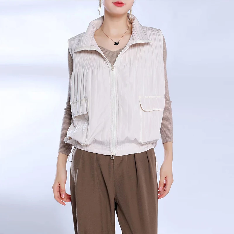 GGHK Miyake Pleated Fall and Winter Women Vest Vest Solid Color Lapel Zipper Pocket Design Casual Vintage Female Jacket