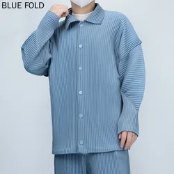 Miyake Pleated Long-Sleeved Shirt with Lapel for Men, Pressed Striped Top, Loose and Simple, Casual and Trendy, Japanese Style