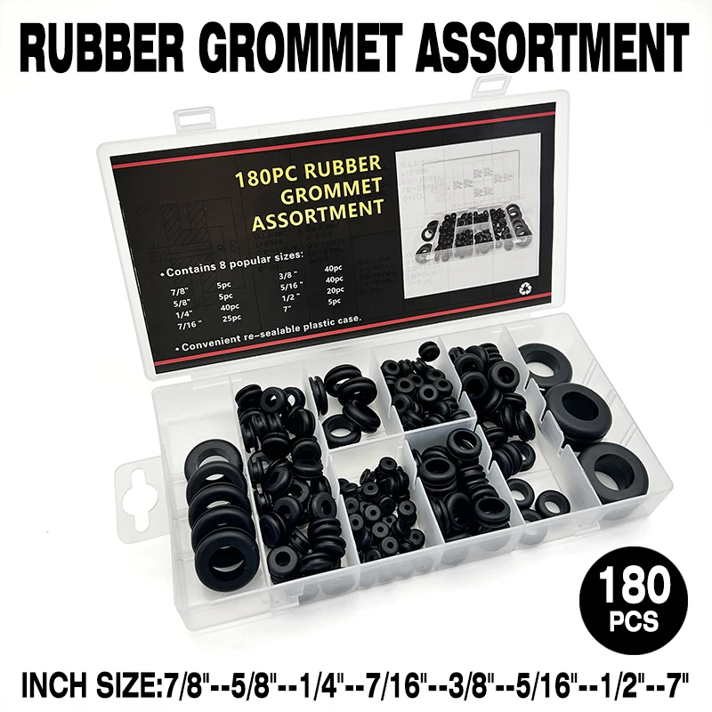 

180 шт., 8 размеров, черное резиновое уплотнительное кольцо, масляная уплотнительная втулка, прокладка для защиты провода, защитное кольцо отверстия для кабеля, шайба